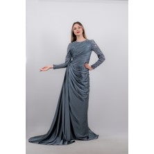 Kenzel Kolları Taşlı Saten Abiye Elbise