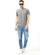 Alp Çizgili Bisiklet Yaka Tişört %100 Cotton