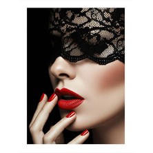 Tablomega Dantel Maske ve Kırmızı Dudaklar Dekoratif Ahşap Tablo 35CM X50CM