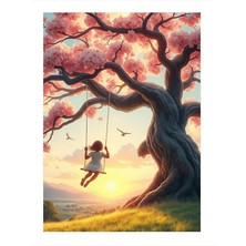 Tablomega Pembe Çiçekli Ağaç ve Salıncak Hediyelik Ahşap Tablo 25CMX 35CM