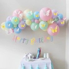 63 Adet Happy Birthday Banner Makaron Kelebek Konseptli Mini Doğum Günü Balon Zincir Parti Seti