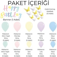 63 Adet Happy Birthday Banner Makaron Kelebek Konseptli Mini Doğum Günü Balon Zincir Parti Seti