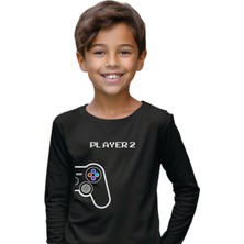 Texclusive Player 2 Baskılı Gamer Tshirt Uzun Kol Çocuk Tişört Siyah