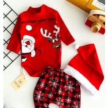 Neşeli Bebekler Noel Baba ve Geyik Baskılı Bereli Yılbaşı Takımı