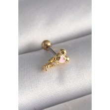Shopzum 316L Çelik Gold Renk Zirkon Taş Detay Pembe Kalp Işleme Tragus Piercing