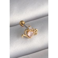 Shopzum 316L Çelik Gold Renk Pembe Mineli Kalp Zirkon Taş Detay Tragus Piercing