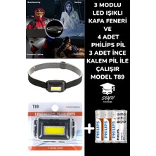 Philips 3 Modlu LED Işıklı Kafa Feneri ve 4 Adet Philips Pil 3 Adet Ince Kalem Pil Ile Çalışır Model T89