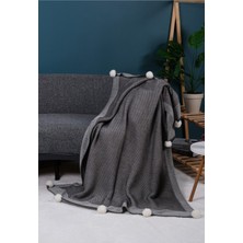 Mediterian Haki örgülü triko battaniye 130x170, ponponlu, yumuşak akrilik materyal