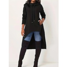 Kadın Uzun Kollu Geniş Dökümlü Yaka Etek Ucu Ters U Iki Iplik Kapüşonlu Tunik - Siyah