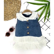 6-9-12-18 Ay Güpür Yaka ve Etek Detaylı Kot Kilotlu Etek Kız Bebek Elbisesi