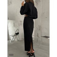 Bel ve Etek Ucu Dikişsiz Denim Etek - Füme