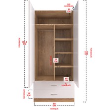 Hediyeler Kapında Aynalı 2 Kapaklı Gardırop 5 Raflı 2 Çekmeceli Askılı Elbise Dolabı Ahşap Beyaz