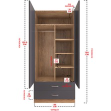 Hediyeler Kapında Aynalı 2 Kapaklı Gardırop 5 Raflı 2 Çekmeceli Askılı Elbise Dolabı Ahşap Antrasit