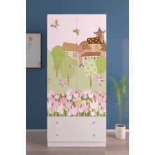 Hediyeler Kapında Çocuk Odası 2 Kapaklı Wonder Land Gardırop  5 Raflı 2 Çekmeceli Askılı Elbise Dolabı