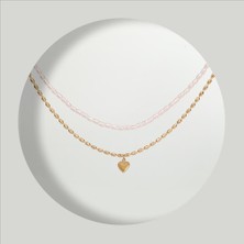 Four Solos Çelik Kadın Kolye, Çift Zincir Boncuk ve Kalp Detaylı, Gold Renk, No:95