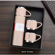 Portex Hediyelik 3 Bardaklı Çelik Termos Seti 500 Ml. Vacuum Flask Set Karton Çantalı - Pembe