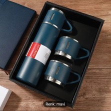 Portex Hediyelik 3 Bardaklı Çelik Termos Seti 500 Ml. Vacuum Flask Set Karton Çantalı - Mavi