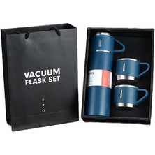 Portex Hediyelik 3 Bardaklı Çelik Termos Seti 500 Ml. Vacuum Flask Set Karton Çantalı - Mavi