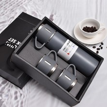 Portex Hediyelik 3 Bardaklı Çelik Termos Seti 500 Ml. Vacuum Flask Set Karton Çantalı - Gri