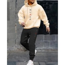 Amor Man Büyük Beden Özel Tasarım Kapüşonlu Black Dikey Baskılı Kışlık Modern Battal Erkek Eşofman Takımı