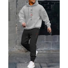 Amor Man Büyük Beden Özel Tasarım Kapüşonlu Black Dikey Baskılı Kışlık Modern Battal Erkek Eşofman Takımı