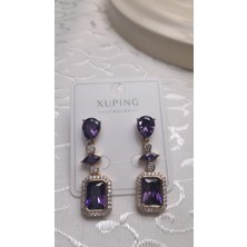 Uzel Xuping Küpe Çelik Sarı Etrafı Mor Taşlı Küpe, Dik Kesim Zirkon Taşlı Çelik Küpe