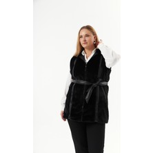 Büyük Beden Peluş Deri Garnili Yelek Siyah