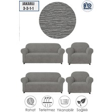 Baqdo Jakarlı Koltuk Örtüsü Düz Desen 3+3+1+1 Takımı Lastikli Esnek Yıkanabilir Çekyat Kanepe Kılıfı 3311 gri.