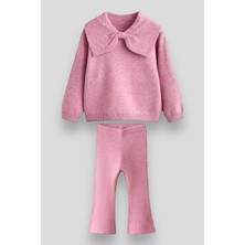 Magu Triko Fiyonk Desenli Kışlık Pamuklu Sweatshirt Tayt Alt-Üst Takım Kız Çocuk