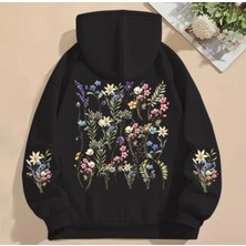 Amor Face Büyük Beden Özel Tasarım Kapüşonlu Kır Çiçekleri Sırt Kol Baskılı Modern Battal Kadın Sweatshırt