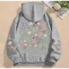 Amor Face Büyük Beden Özel Tasarım Kapüşonlu Bahar Çiçekleri Sırt Kol Baskılı Şık Battal Kadın Sweatshırt