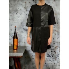 Kadın Önü Deri Parça Detaylı Pamuklu Elbise