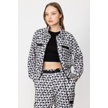 Kadın Fermuarlı Desenli  Eşofmman Üstü - Siyah