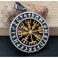 Vikings Paslanmaz Çelik Altın Renk Detaylı Vegvisir Savaşçı Pusula Viking Kolye - 70 cm Zincirli