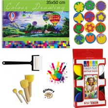 Glanart 35X50 Resim Defteri +  Parmak Boyası Baskı Seti Ponpon Fırçalı Set (Yıkanabilir)