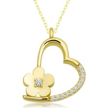 Cey jewelry Gümüş Gold Çiçekli Kalp Kadın Kolye