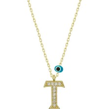 Cey jewelry Gümüş Nazar Gold T Harfi Kadın Kolye