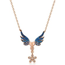 Cey jewelry Gümüş Rose Çiçekli Kanatlı Kalpli Kolye