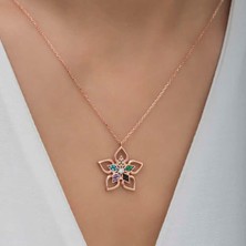 Cey jewelry ​gümüş Rose Renkli Taşlı Çiçek Kadın Kolye