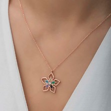 Cey jewelry ​gümüş Rose Renkli Taşlı Çiçek Kadın Kolye