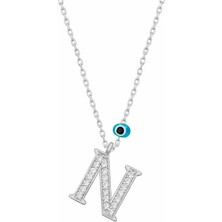 Cey jewelry Gümüş Nazar Rodyum N Harfi Kadın Kolye