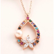 Cey jewelry Gümüş Rose Renkli Taşlı Çiçekli Kadın Kolye
