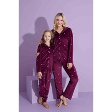 Yeni Sezon Ay Desenli Trend Model Düğmeli Kadife Anne/kız Çocuk Pijama Takımı 2800-VIŞNE Çürüğü Ay