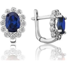 Cey jewelry Gümüş Mavi Çiçek Desenli J Kadın Küpe