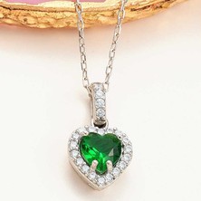 Cey jewelry Gümüş Yeşil Taşlı Kalpli Kadın Kolye