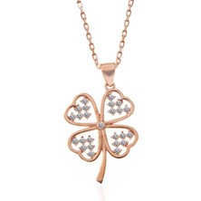 Cey jewelry Gümüş Rose Kalpli Dört Yapraklı Yonca Kadın Kolye