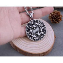Çift Taraflı Kullanım Iskandinav Mitoloji Geri- Freki Kurt Kolye -Viking Madalyon Kolye