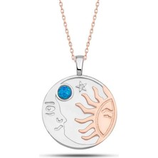 Cey jewelry Gümüş Rose Opal Mavi Taşlı Ay Güneş Kadın Kolye