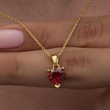 Cey jewelry Gümüş Gold Kırmızı Taşlı Kalpli Kadın Kolye