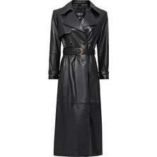 Derimod Jenny -X Kadın Siyah Kruvaze Yaka Deri Pardösü 24WGE52631M